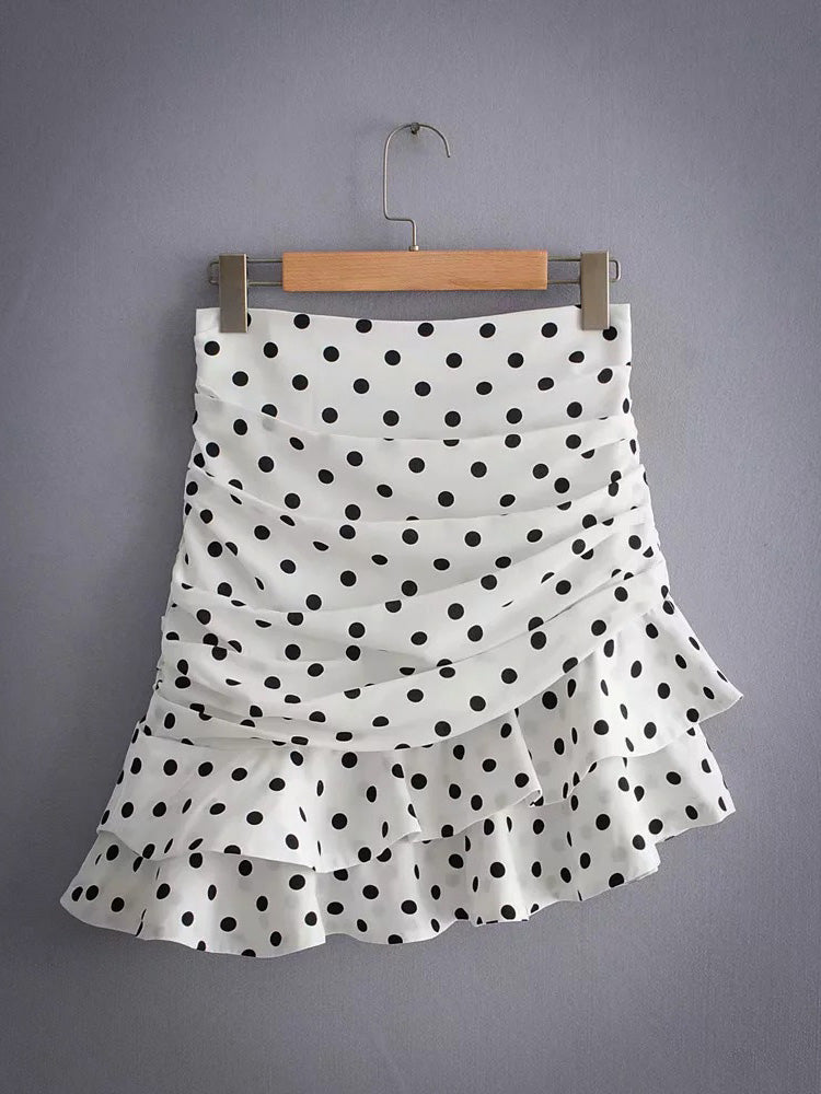 White Polka Dot High-Waist Mini Skirt with Ruffles