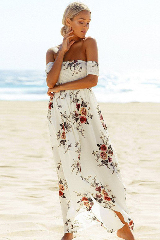 Smoked Off Shoulder White Floral Maxi Dress