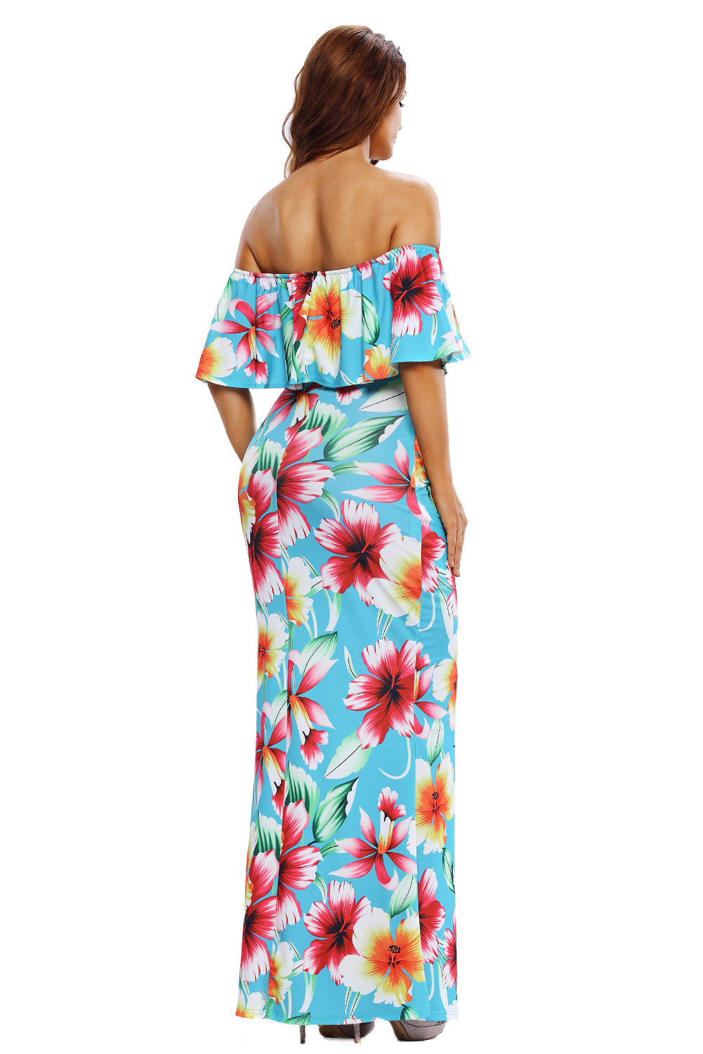 Turquoise Roses Print Off-the-shoulder Maxi Dress – INXCY