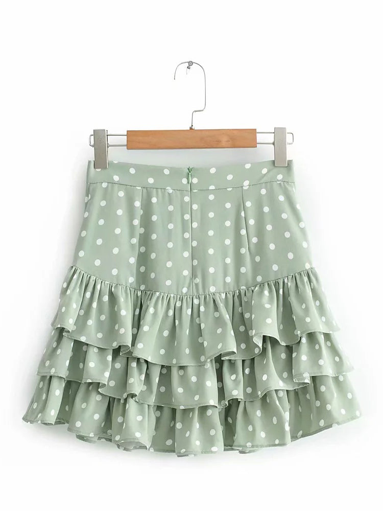 Green High-Waist PD Skirt Layered Skirt with Ruffles