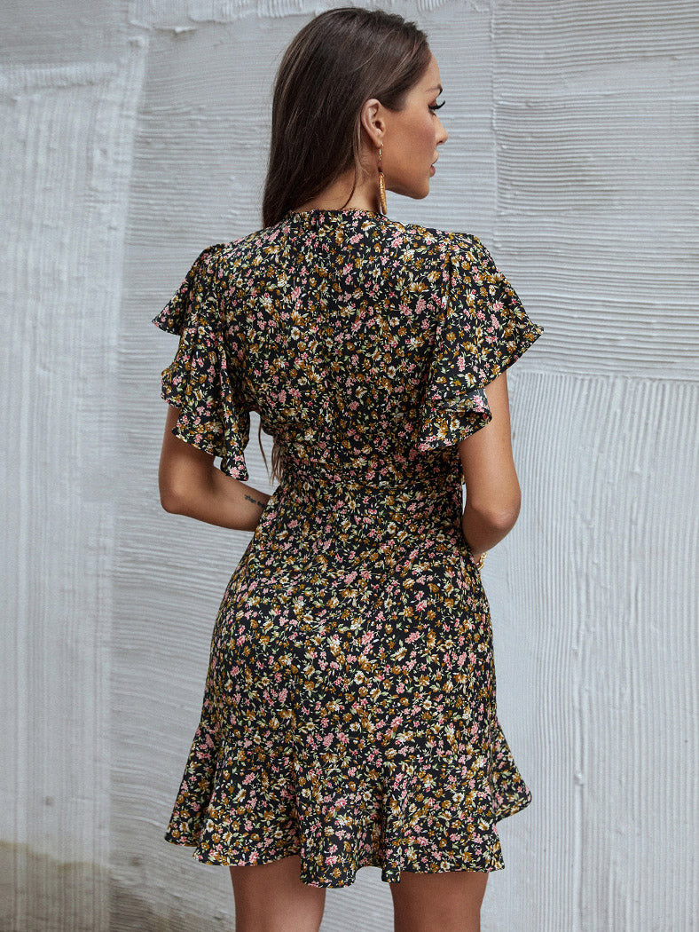 Floral Print Batwing Sleeve Chiffon Wrap Dress