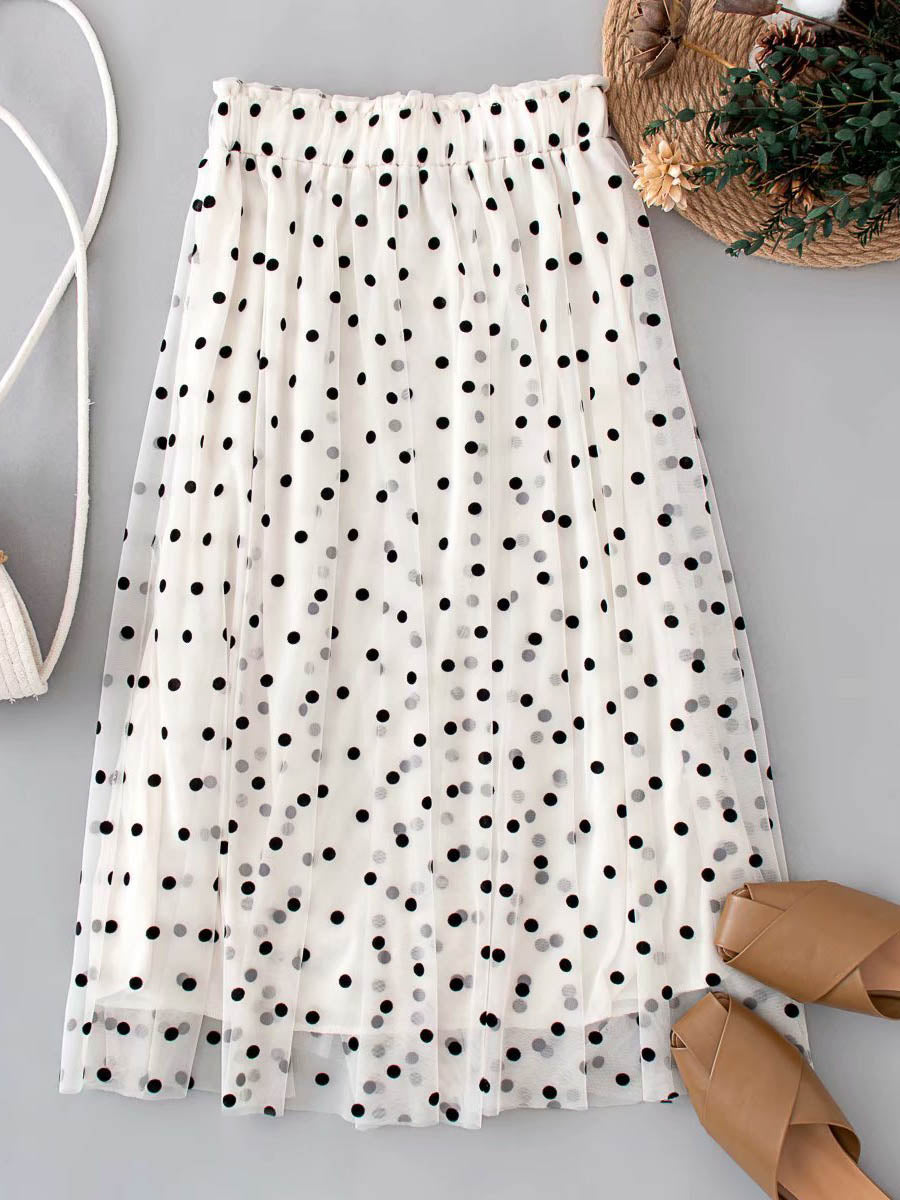 Chiffon High-Waisted Polka Dot White Mesh Skirt