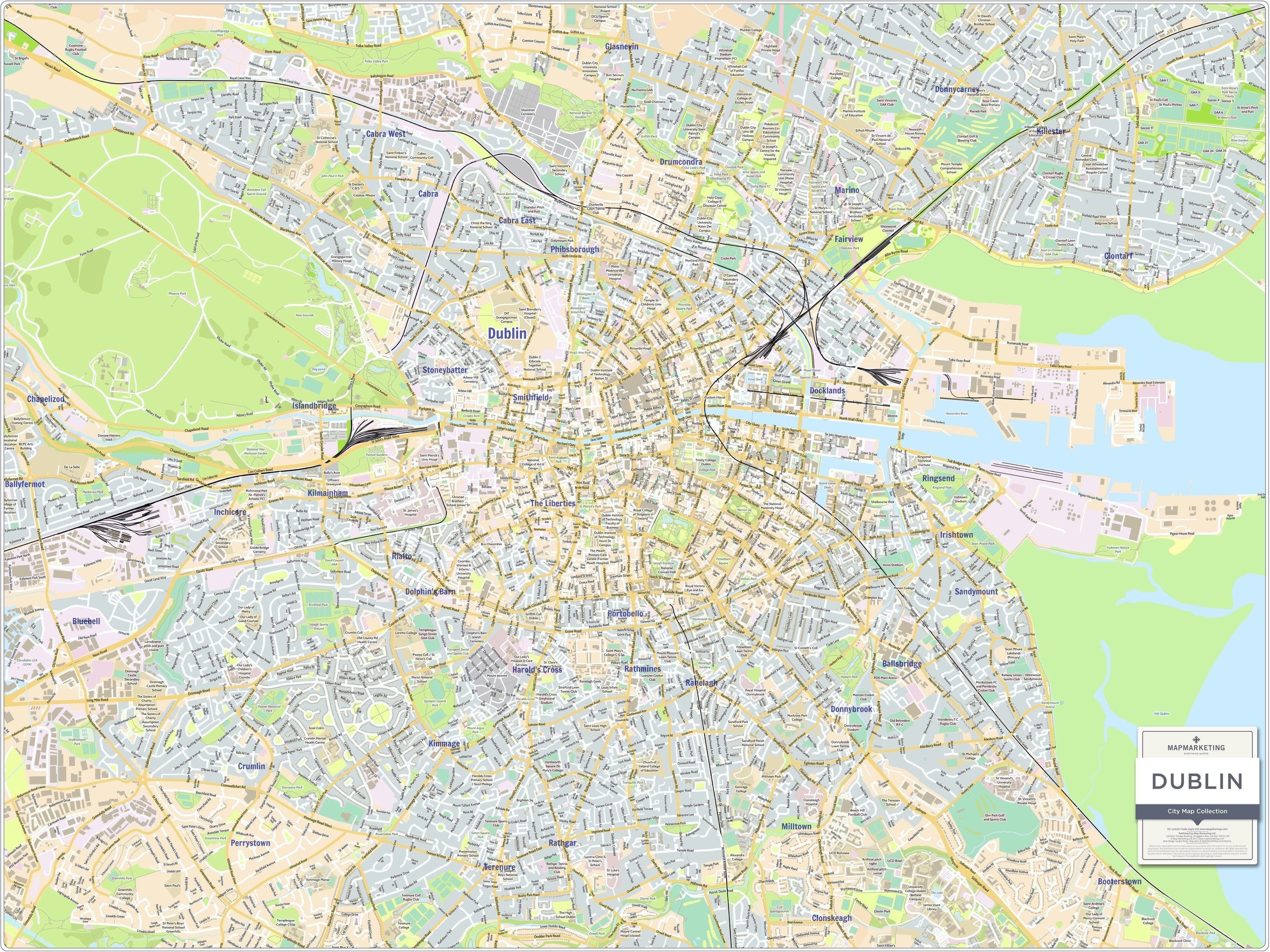 Large Map Of Dublin Dublin City Map - Laminated Wall Map Of Dublin, Ireland