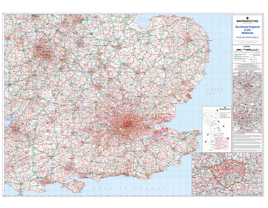 Southeast England & Midlands Postcode Wall Map, Birmingham Bristol London