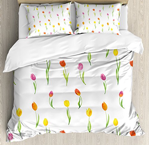 Ambesonne Watercolor Flower Duvet Cover Set Queen Size Colorful