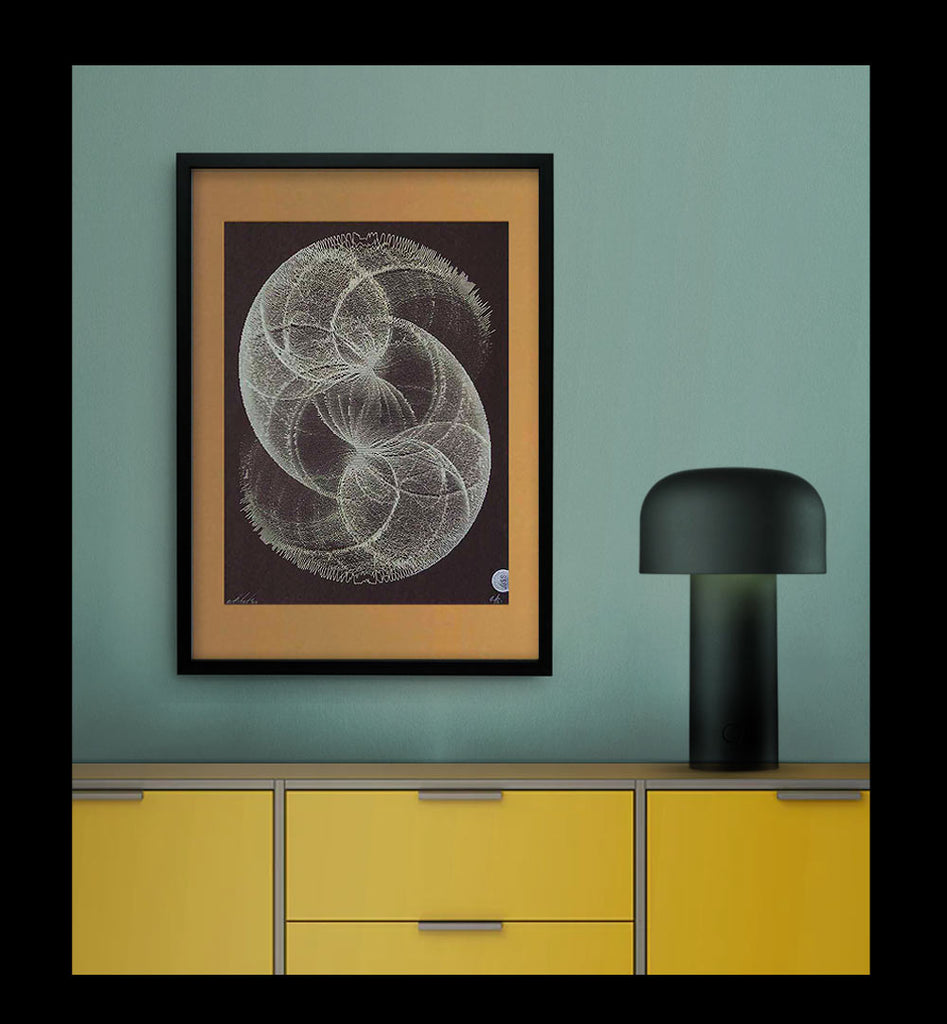 abstract art print featuring gold planet design