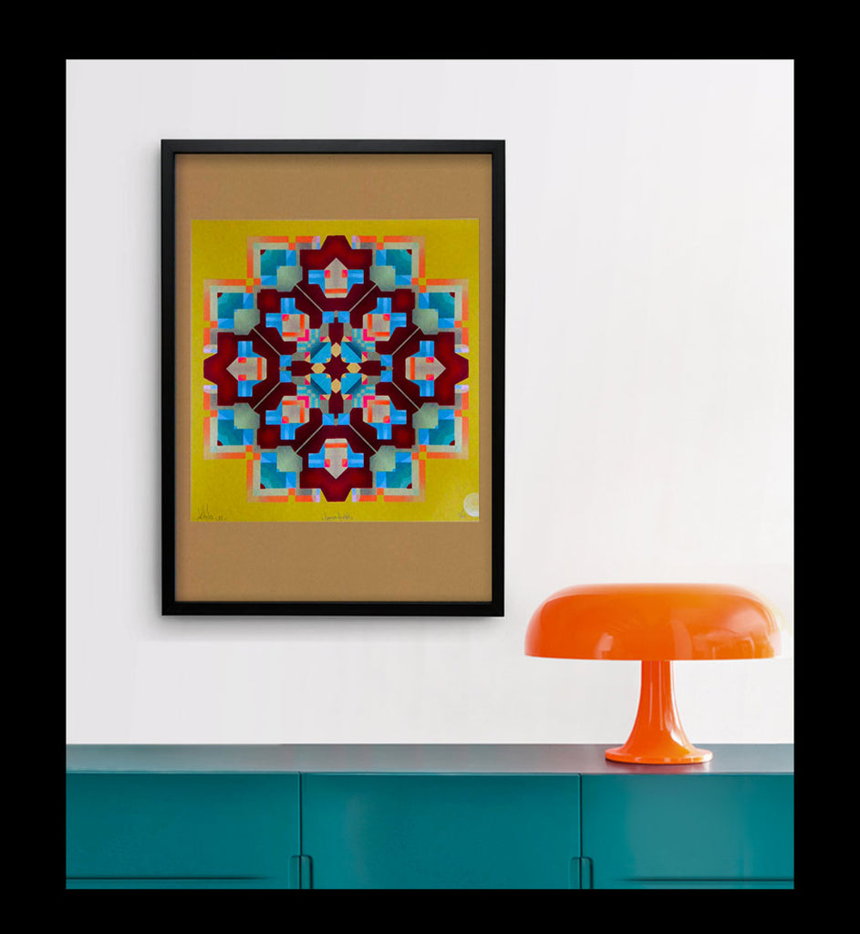 mandala abstract art print in red and yellow in frame