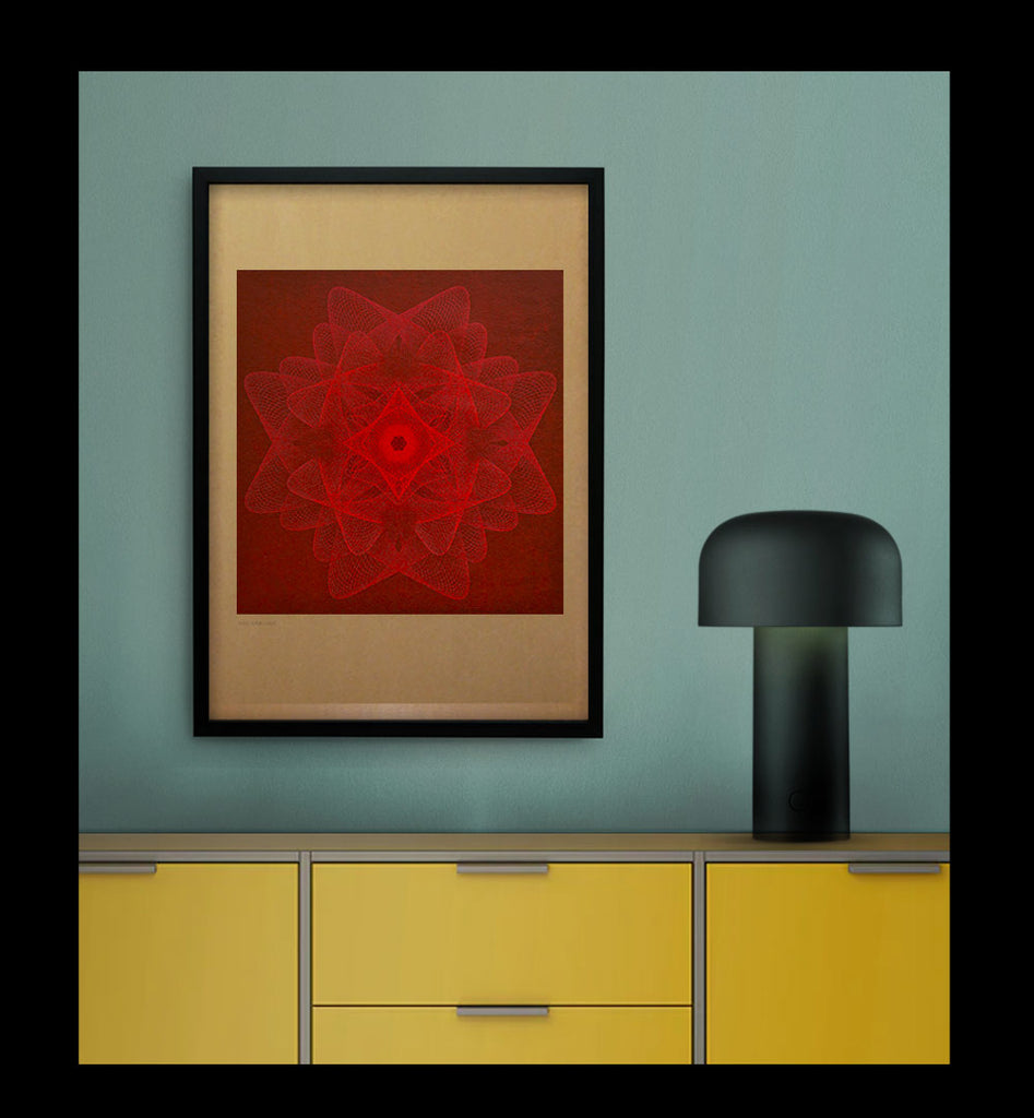Linear geometrtic abstract art print in red acrylic ink framed sample in living room setting