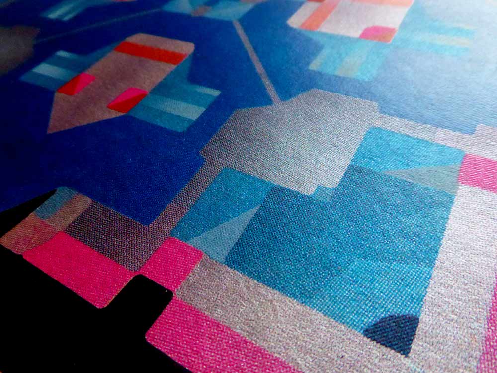 close up abstract art print detail in blue, silver and pink