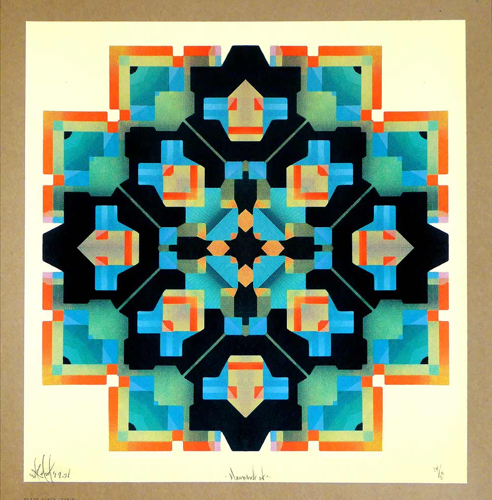geometric mandala theme abstract art print - cream - black - orange