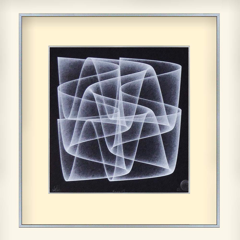 black and silver abstract art print with bevel mount in aluminium frame