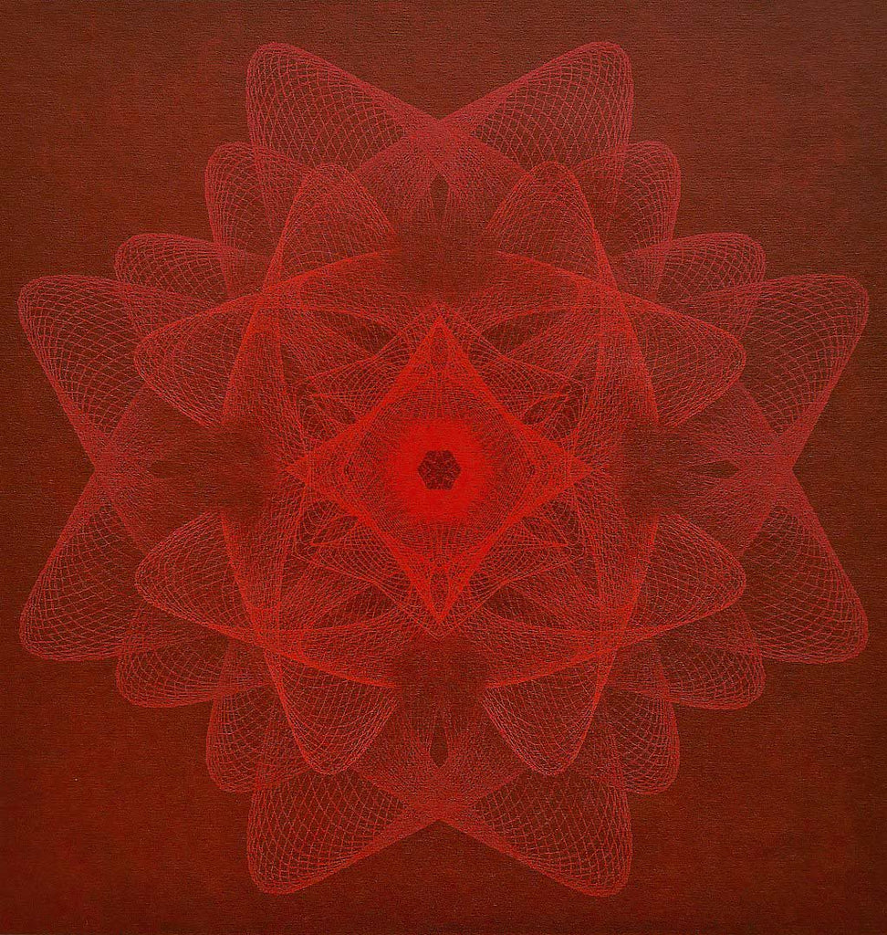 Linear geometrtic abstract art print in red acrylic ink