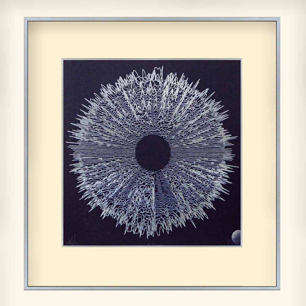 black and silver abstract art print based on sound waves in frame with bevel mount