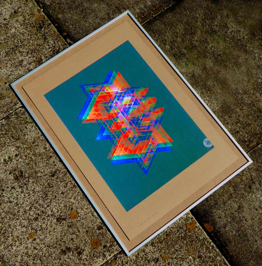 Vibrant abstract geometric art print with flourescent silkscreen overprint detail.