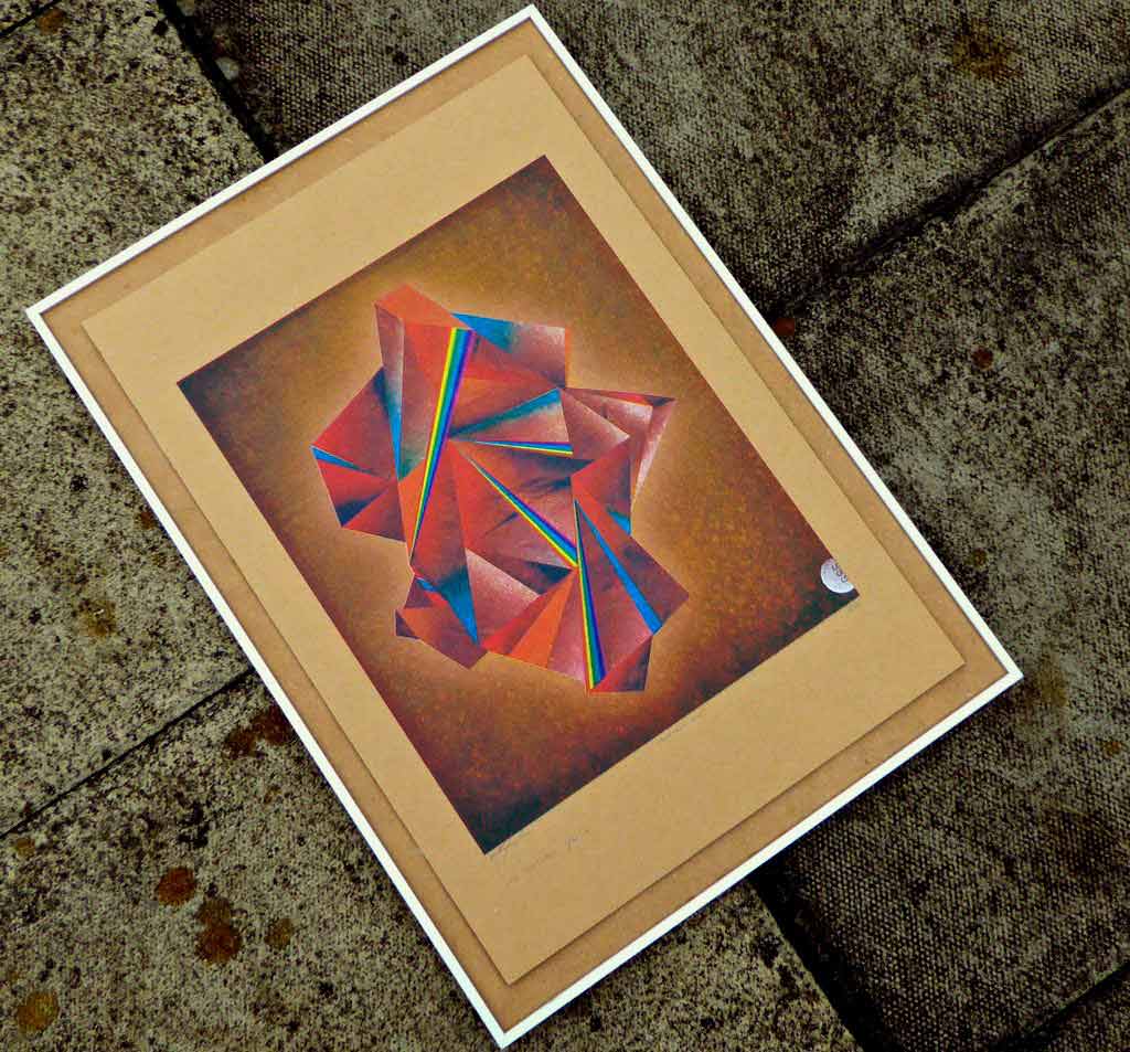 brown abstract geometric art print with rainbow detail