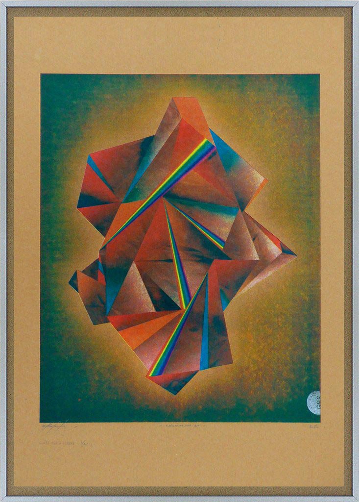 Full colour abstract geometric art print made by hand at glass siren studio by artist damon roberts