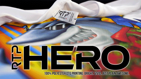 RTP Apparel HERO White 100% Polyester Closeup DTG Print