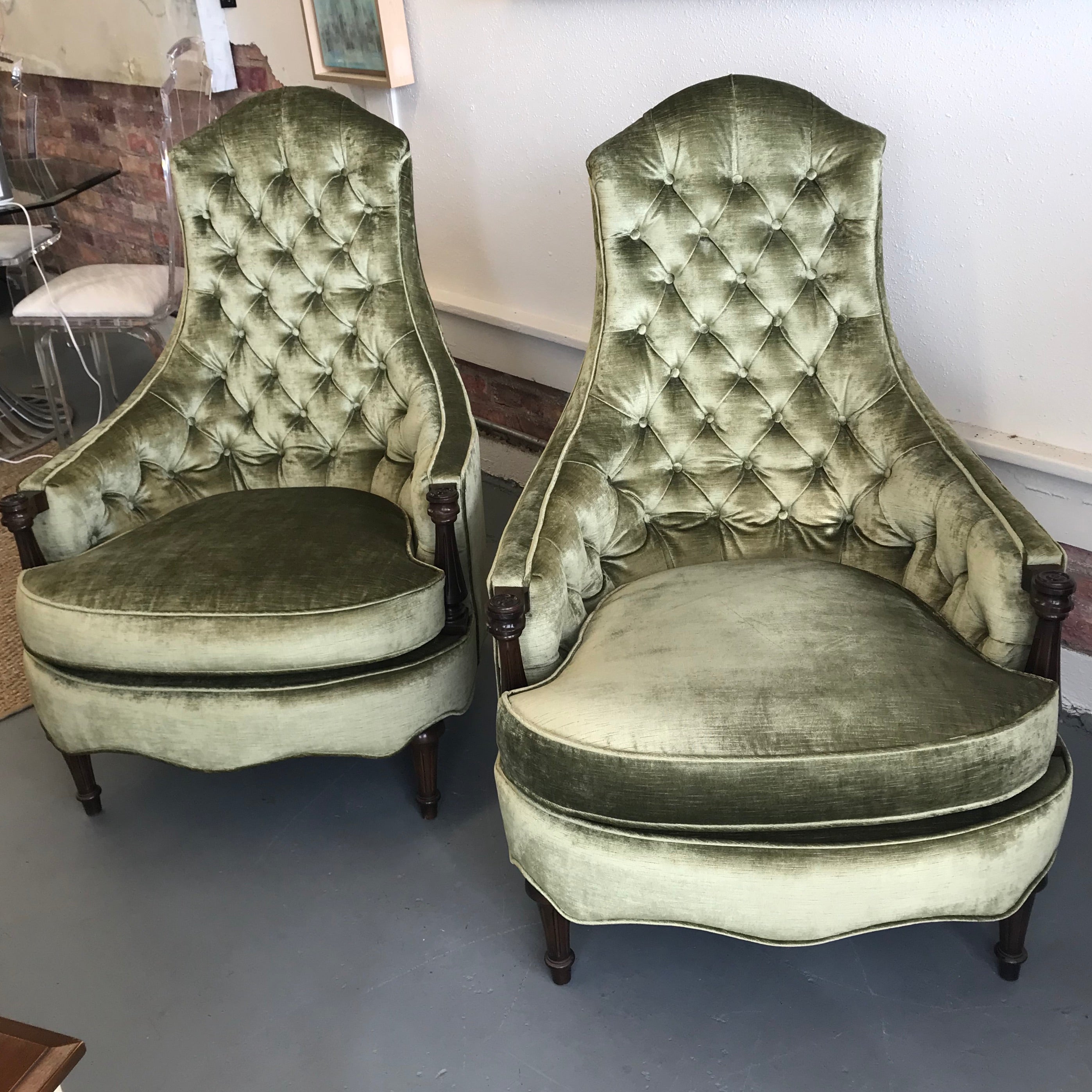 Hollywood Regency Style Tufted Velvet Chairs Pair Park Eighth