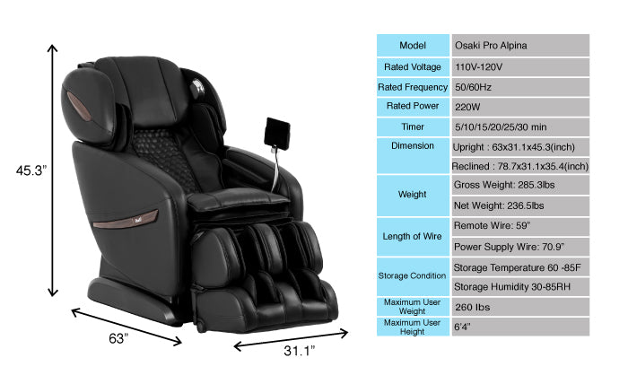 osaki alpina massage chair dimensions