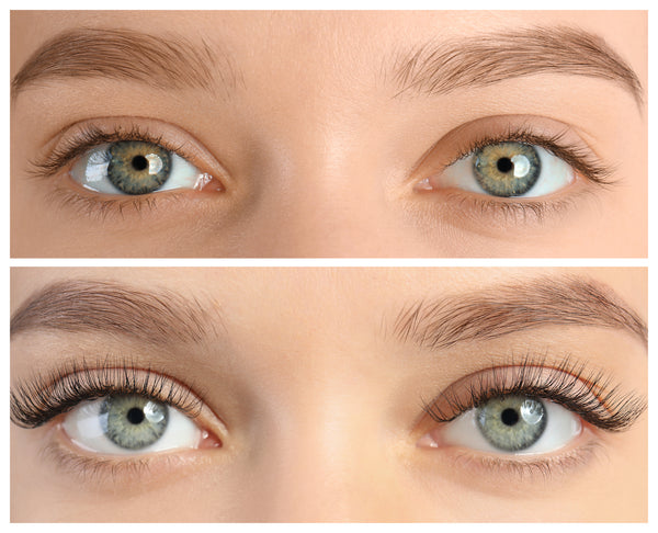 Before and after of eyelash extension procedure on woman at eyelash salon. Cartel Lash