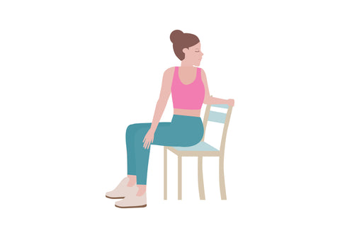 Illustration of woman doing seated back rotational stretch. Cartel Lash