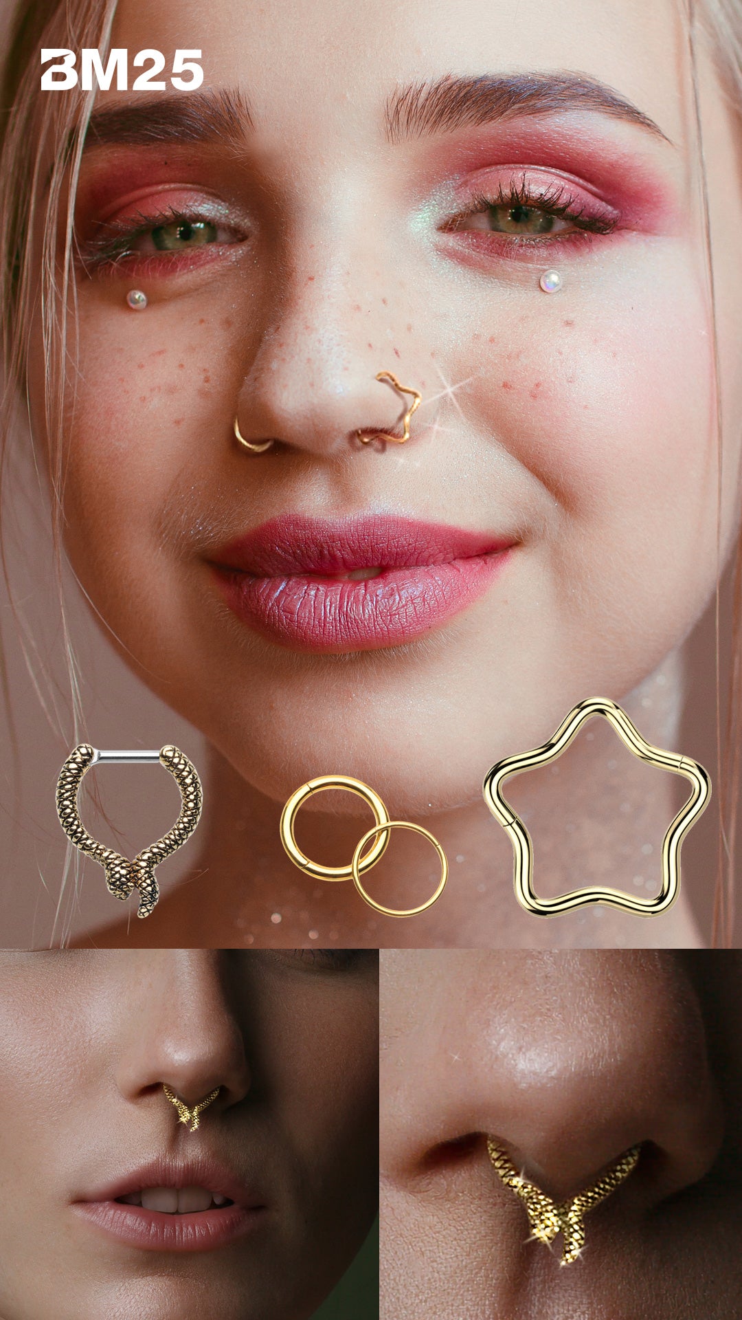 Young blonde woman wearing a nose hoop on one side and the bm25 star clicker body jewelry ring on the other side. Underneath the photo is someone wearing our Staff Pick Serpent Septum Clicker