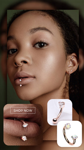Young woman wears a mix of rose gold body jewelry from bm25.com