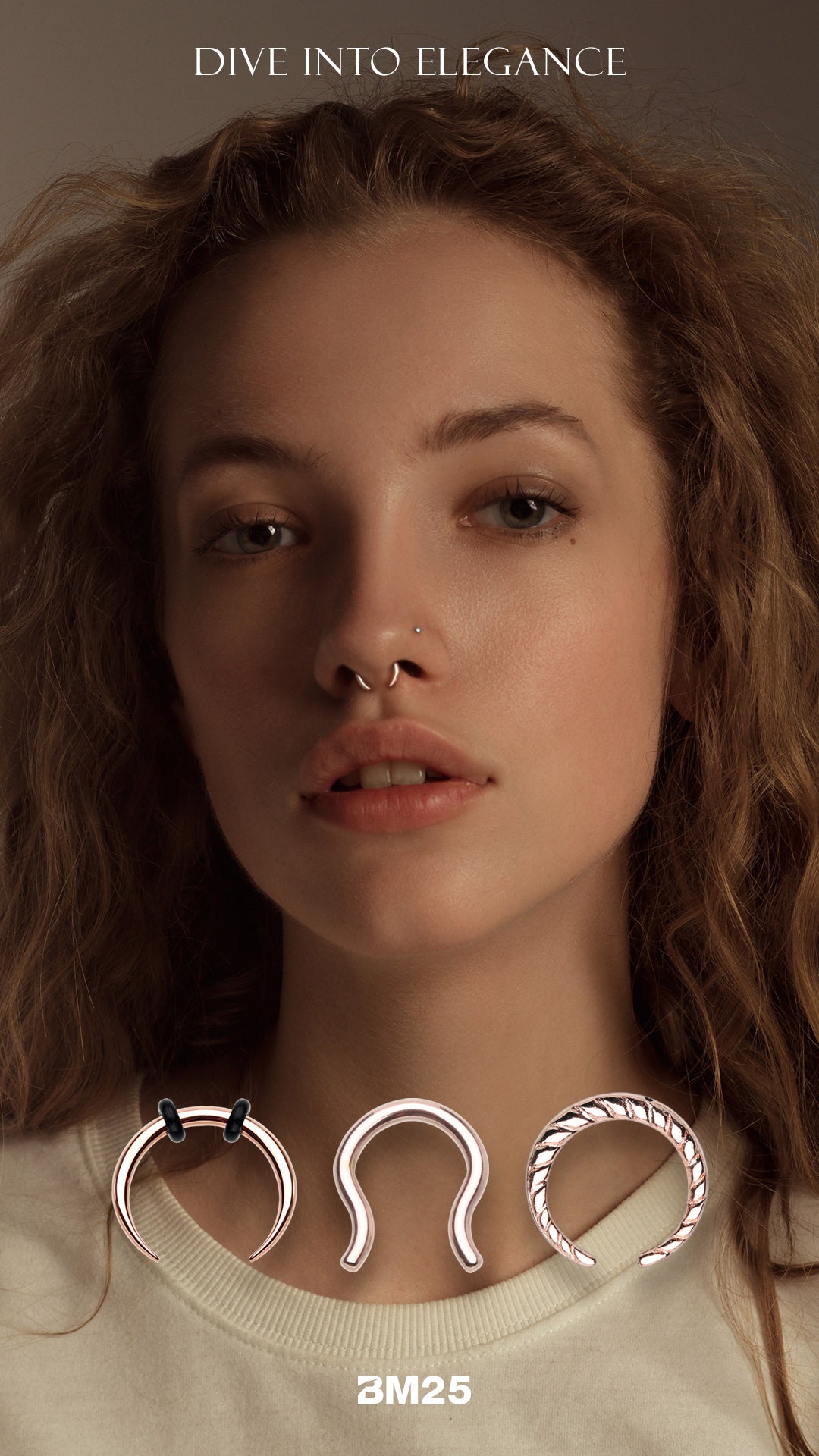Young woman wears minimalistic septum piercing body jewelry from bm25.com