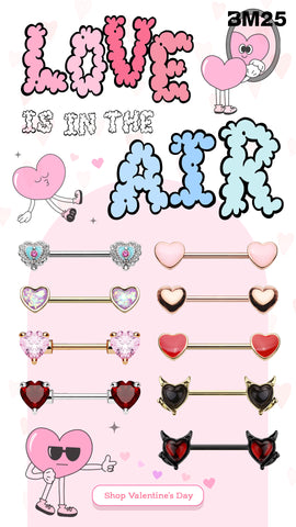 An arrangement of Heart shaped valentine day themed nipple barbells for nipple piercings from BM25