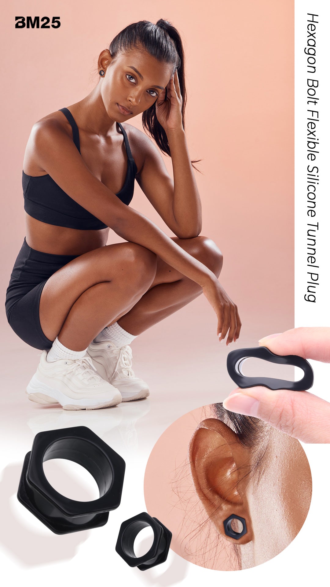 Young woman working out, wears a pair of Silicone Body Jewelry Gauges from BM25.com