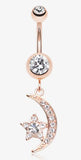 Rose Gold Glistening Moon and Star Sparkle Belly Button Ring with beautiful clear gem with a moon and star charm that dangles covered in clear gems.