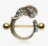 Golden Ganesha Elephant Sparkle Nipple Shield Ring with gorgeous vintage finish and aqua gems. 