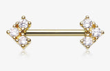 Golden Geometric Arrow Sparkles Nipple Barbell with a dazzling arrow on each end covered in sparkling clear gems. 