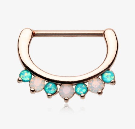 Rose Gold Opal Sparkle Deuce Nipple Clicker with four teal and three white fire opals 