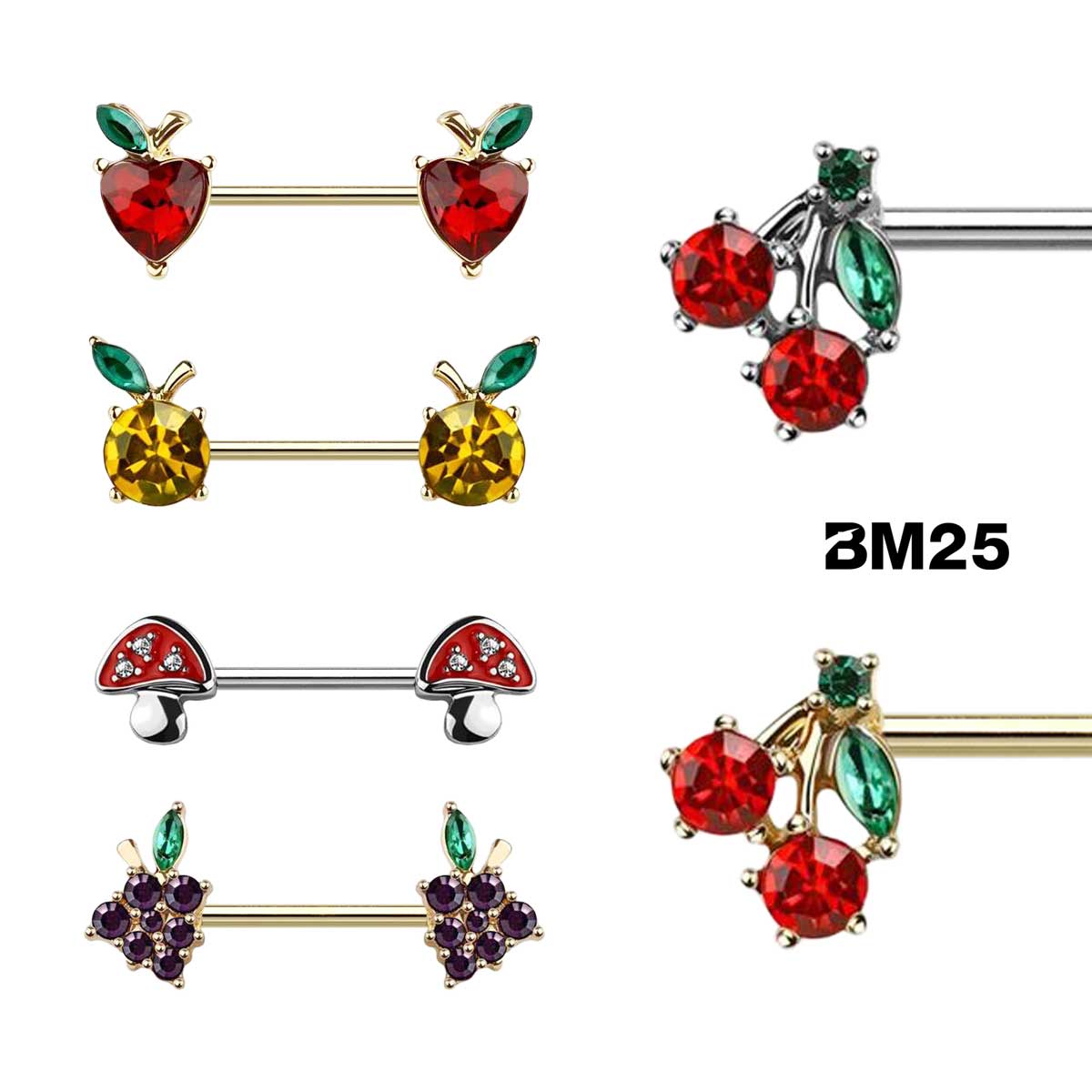 BM25's collection of Fruit-inspired nipple piercing barbell jewelry