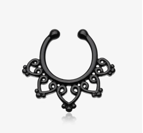 Colorline Royal Bliss Filigree Fake Septum Clip-On Ring with a matte black finish.