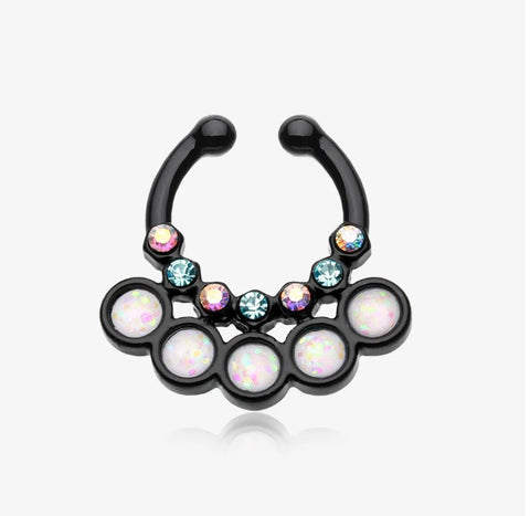 Colorline Opal Aureole Gemina Fake Septum Clip-On Ring with black ring and three blue gems between four Aurora Borealis gems, which are above five beads of white opal. 