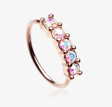 Rose Gold Aurora Multi-Gem Princess Prong Sparkles Bendable Hoop Ring with five Aurora Borealis gems.