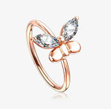 Rose Gold Butterfly Marquise Sparkle Bendable Hoop Ring with clear gems in the top half of the butterfly wings. 