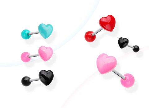 teal, pink, black, and red heart shaped tongue barbells for valentines day body jewelry
