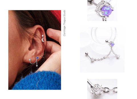 Young woman styles Ear Curation Earscape with Celestial themed body jewelry labrets from bm25