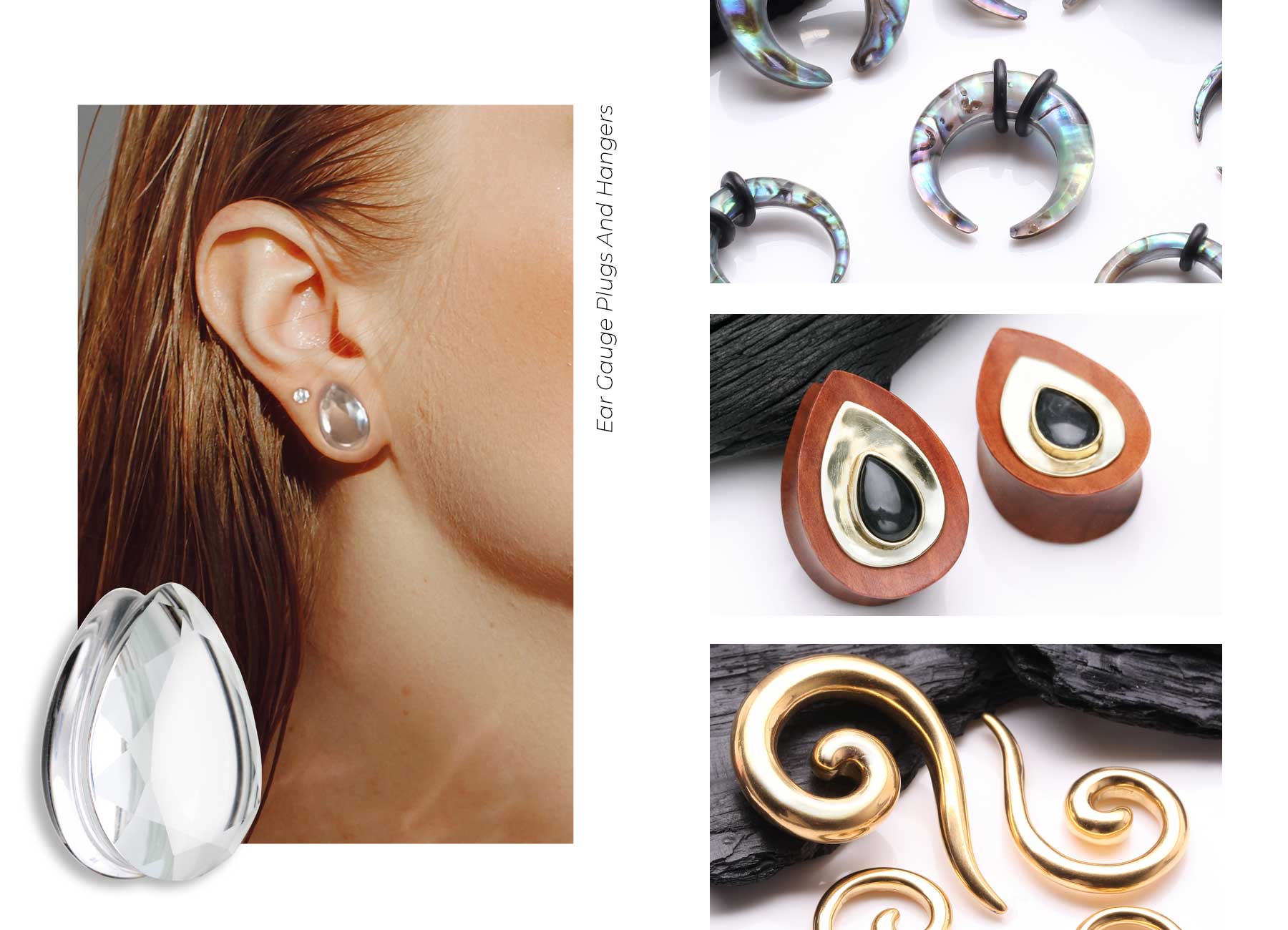 Body piercing jewelry including ear weights, ear hangers, and gauges for stretched ears
