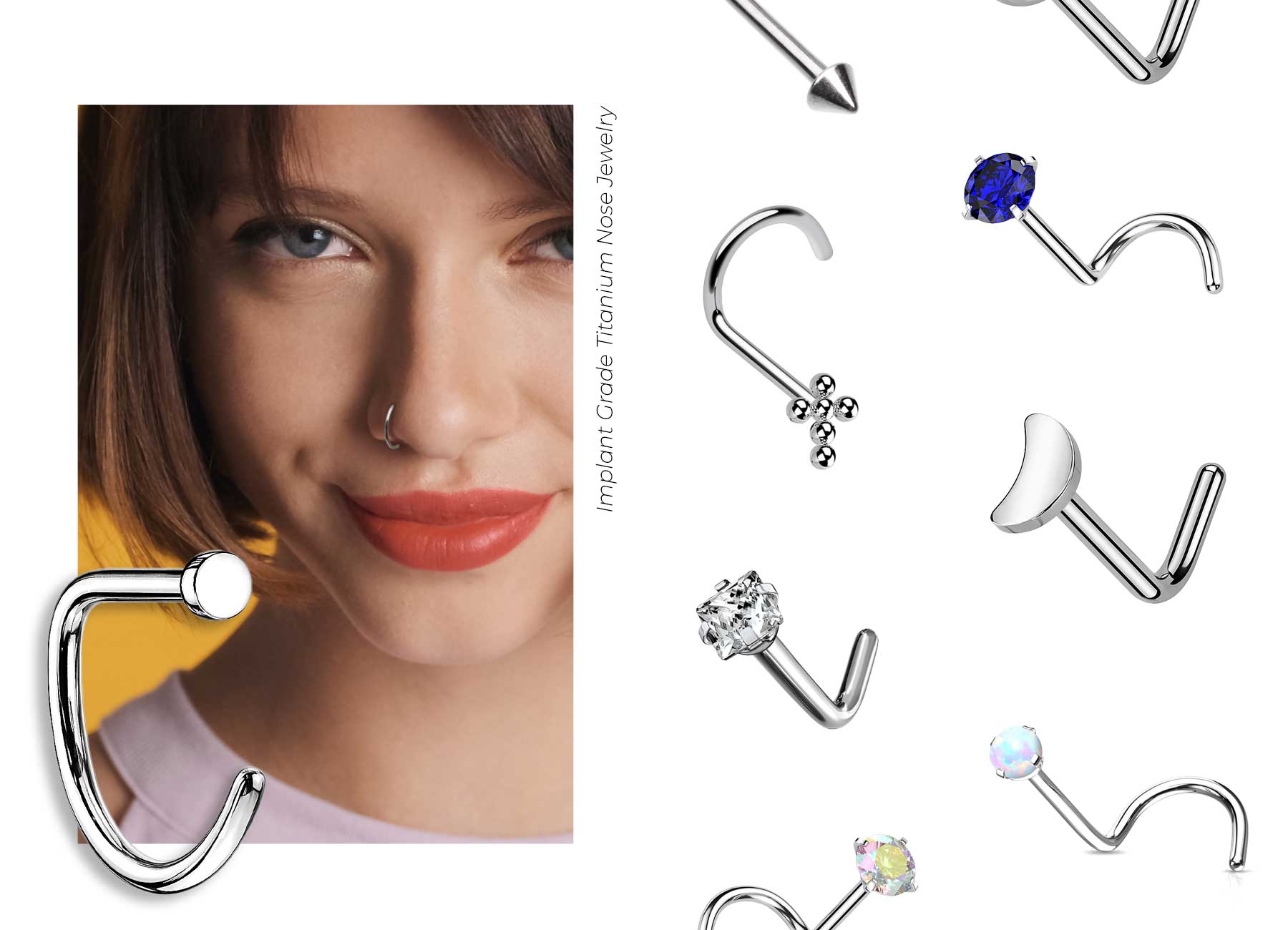 Young woman with a nose stud next to bm25.com's collection of curved end nose studs made in implant grade titanium
