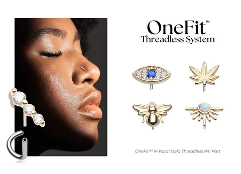 Young woman wears threadless body jewelry nose stud from bm25's onefit collection.