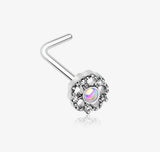 Zen Flower Iridescent Revo Sparkle L-Shaped Nose Ring with gorgeous iridescent center. 