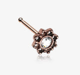 Rose Gold Lotus Flower Filigree Sparkle Icon Nose Stud Ring with vintage finish and center clear gem. 