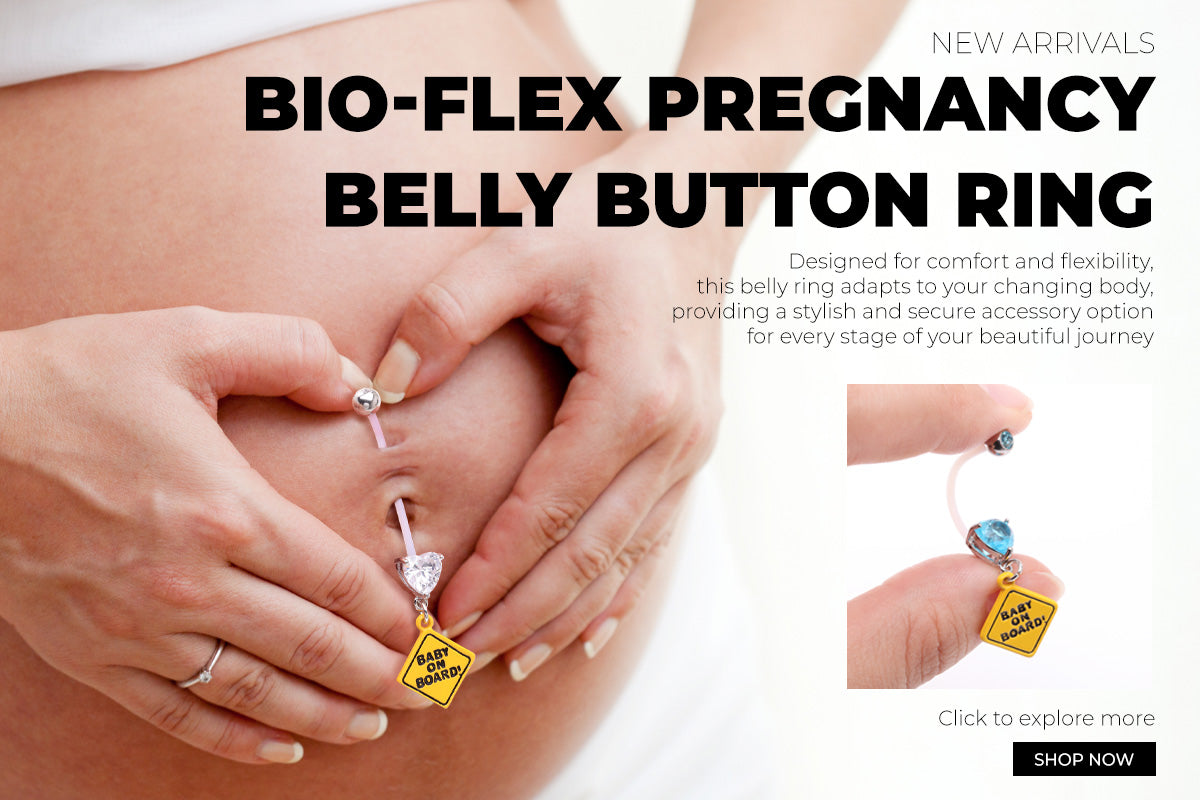 A pregnant woman wears belly ring bioflex piercing jewelry from bm25.com