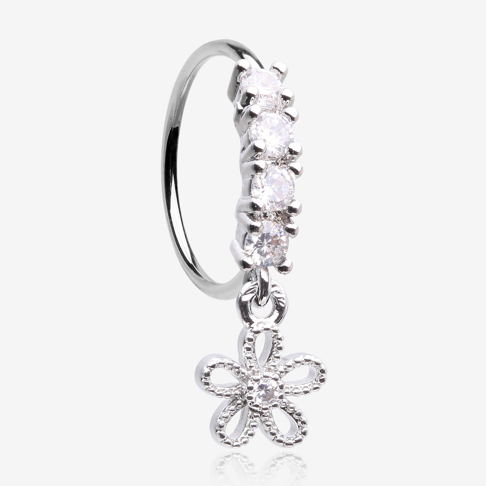 Adorable Hollow Flower Sparkle Dangle Multi-Gem Lined Bendable Hoop Ring