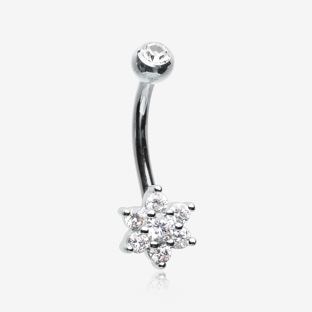 14 Karat White Gold Brilliant Sparkle Prong Set Flower Belly Button Ring