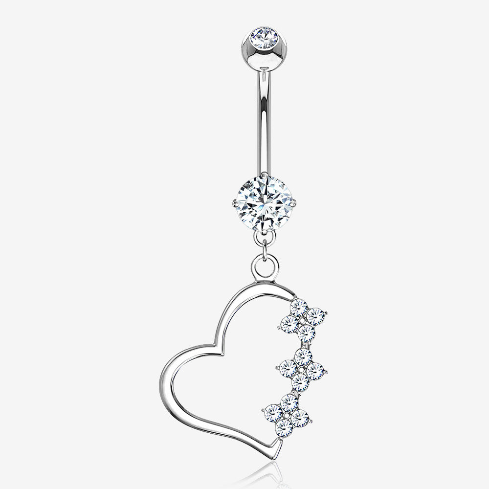 14 Karat White Gold Triple Floral Sparkle Heart Belly Button Ring